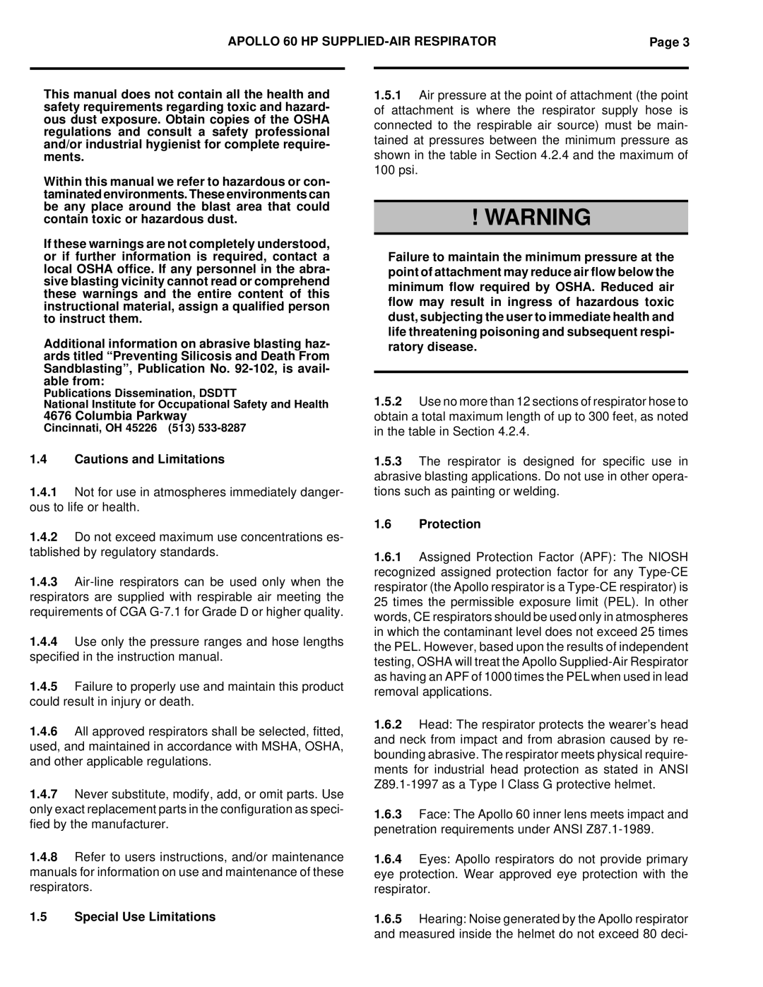 HP Clemco O.M. 10533, Clemco 60 manual Columbia Parkway, Special Use Limitations, Protection 