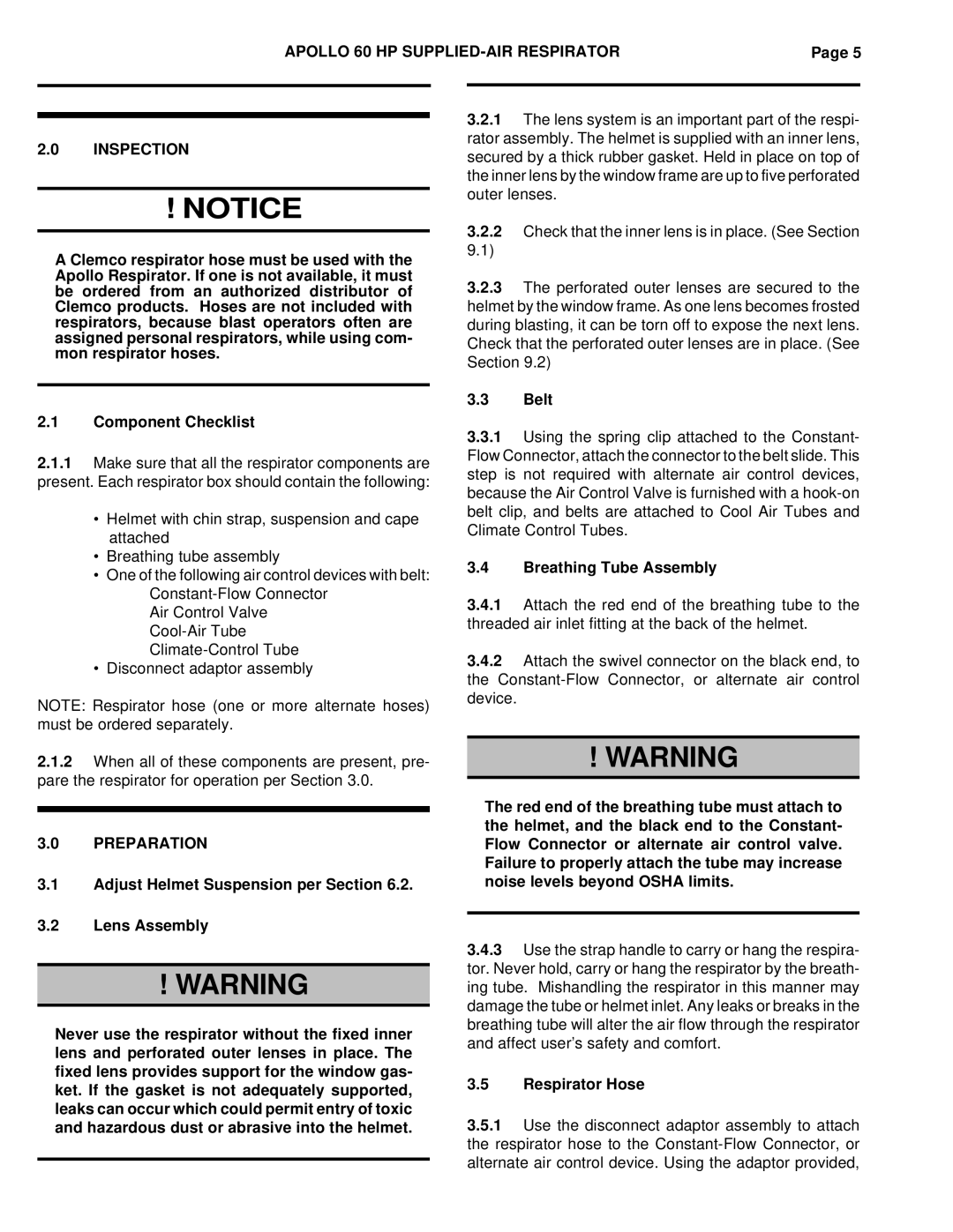 HP Clemco O.M. 10533, Clemco 60 manual Apollo 60 HP SUPPLIED-AIR Respirator Inspection, Preparation 