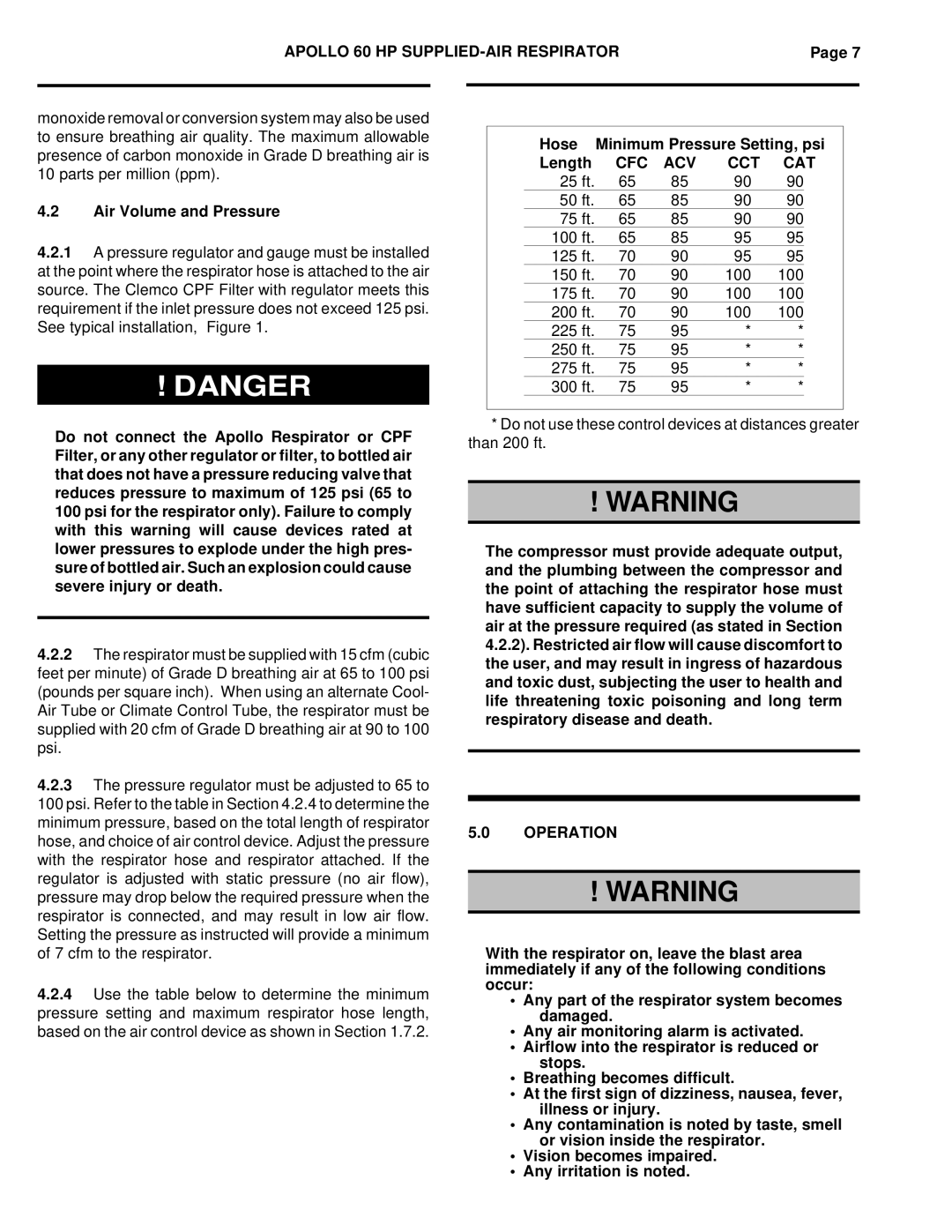 HP Clemco O.M. 10533 manual Air Volume and Pressure, Hose Minimum Pressure Setting, psi Length, Cfc Acv Cct Cat, Operation 