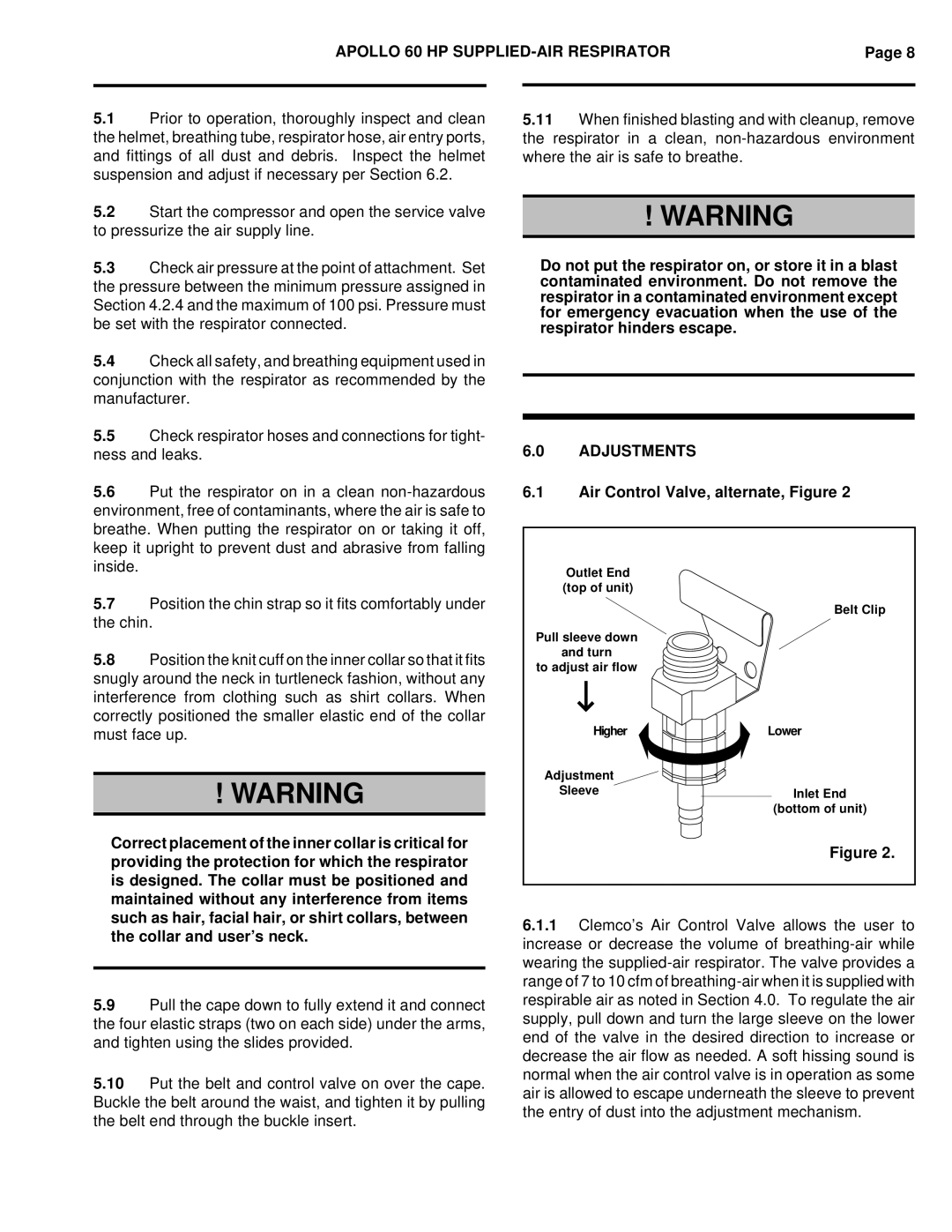 HP Clemco 60, Clemco O.M. 10533 manual Adjustments, Air Control Valve, alternate, Figure 