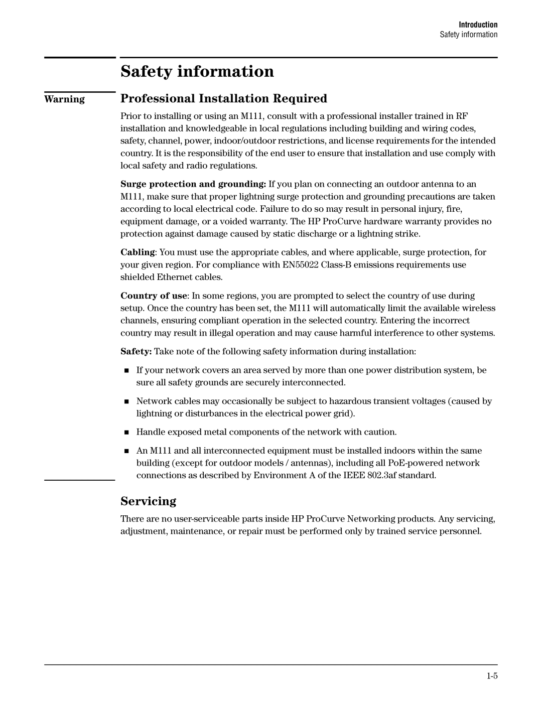 HP Client Bridge M111 manual Safety information, Professional Installation Required, Servicing 