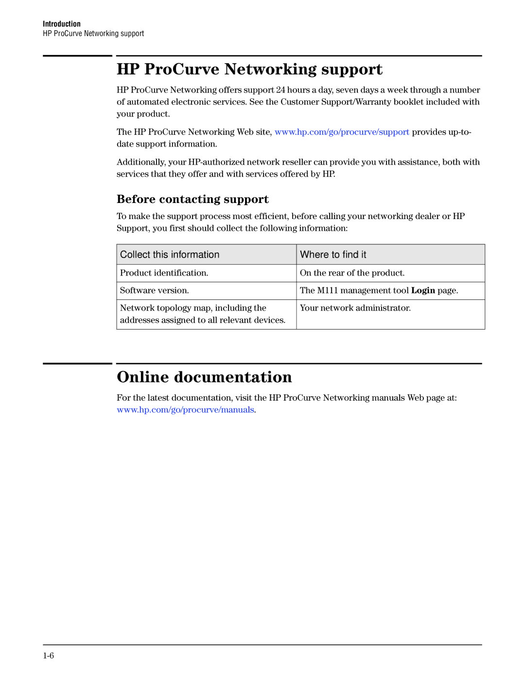 HP Client Bridge M111 manual HP ProCurve Networking support, Online documentation, Before contacting support 