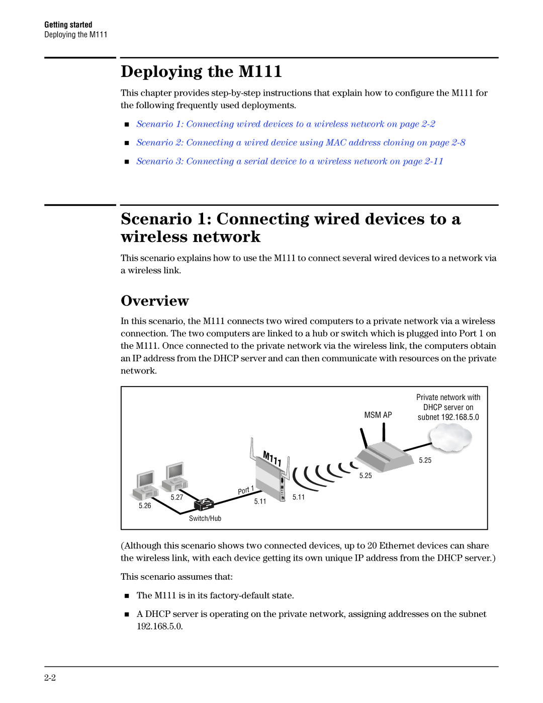 HP Client Bridge M111 manual Deploying the M111, Scenario 1 Connecting wired devices to a wireless network, Overview 