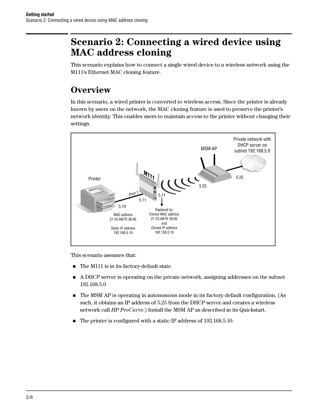 HP Client Bridge M111 manual  The printer is configured with a static IP address 