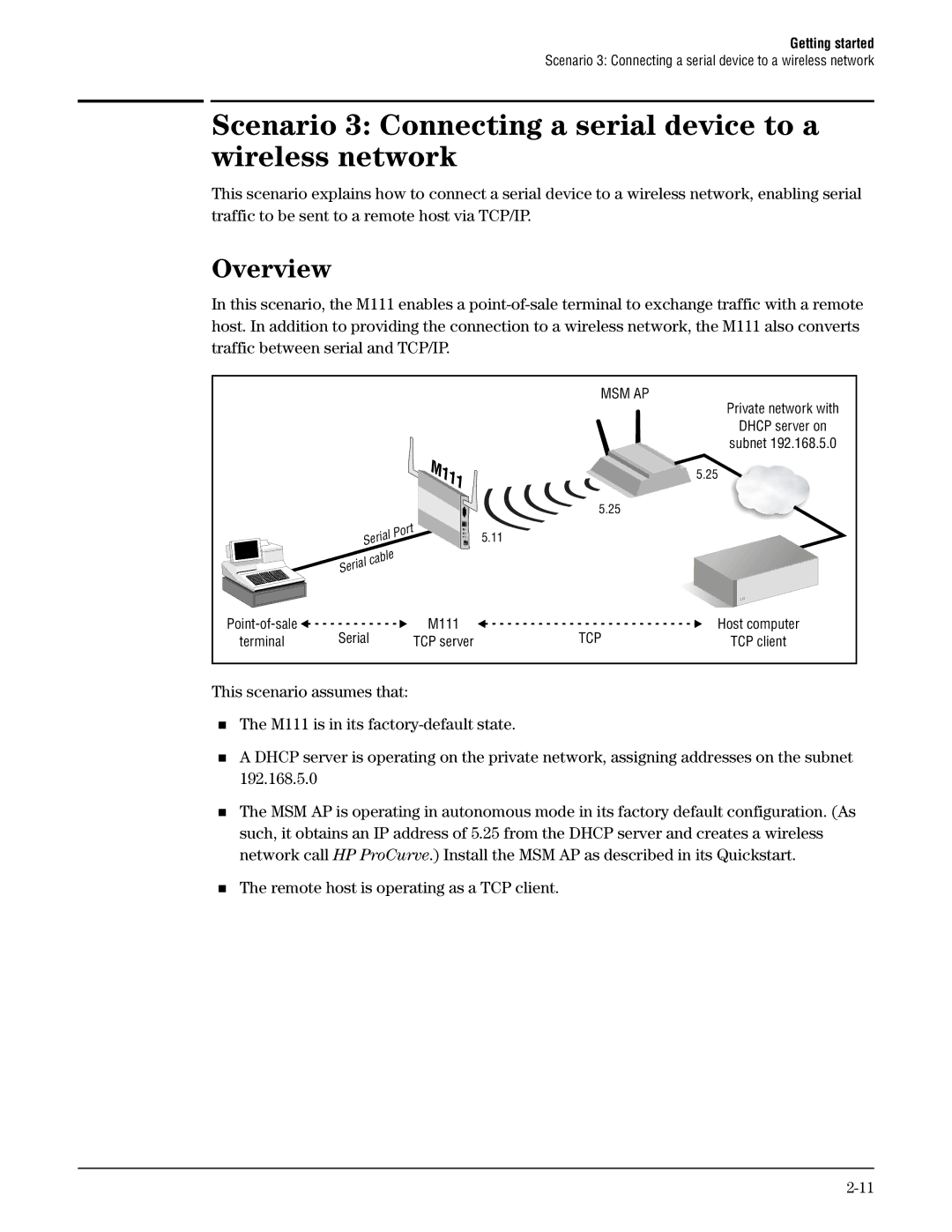 HP Client Bridge M111 manual Scenario 3 Connecting a serial device to a wireless network, Overview 