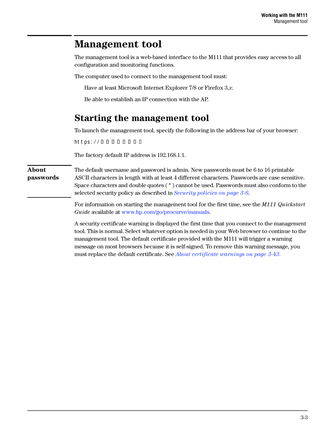 HP Client Bridge M111 manual Management tool, Starting the management tool, About passwords 