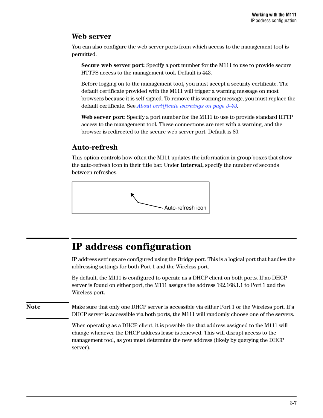 HP Client Bridge M111 manual IP address configuration, Web server, Auto-refresh 