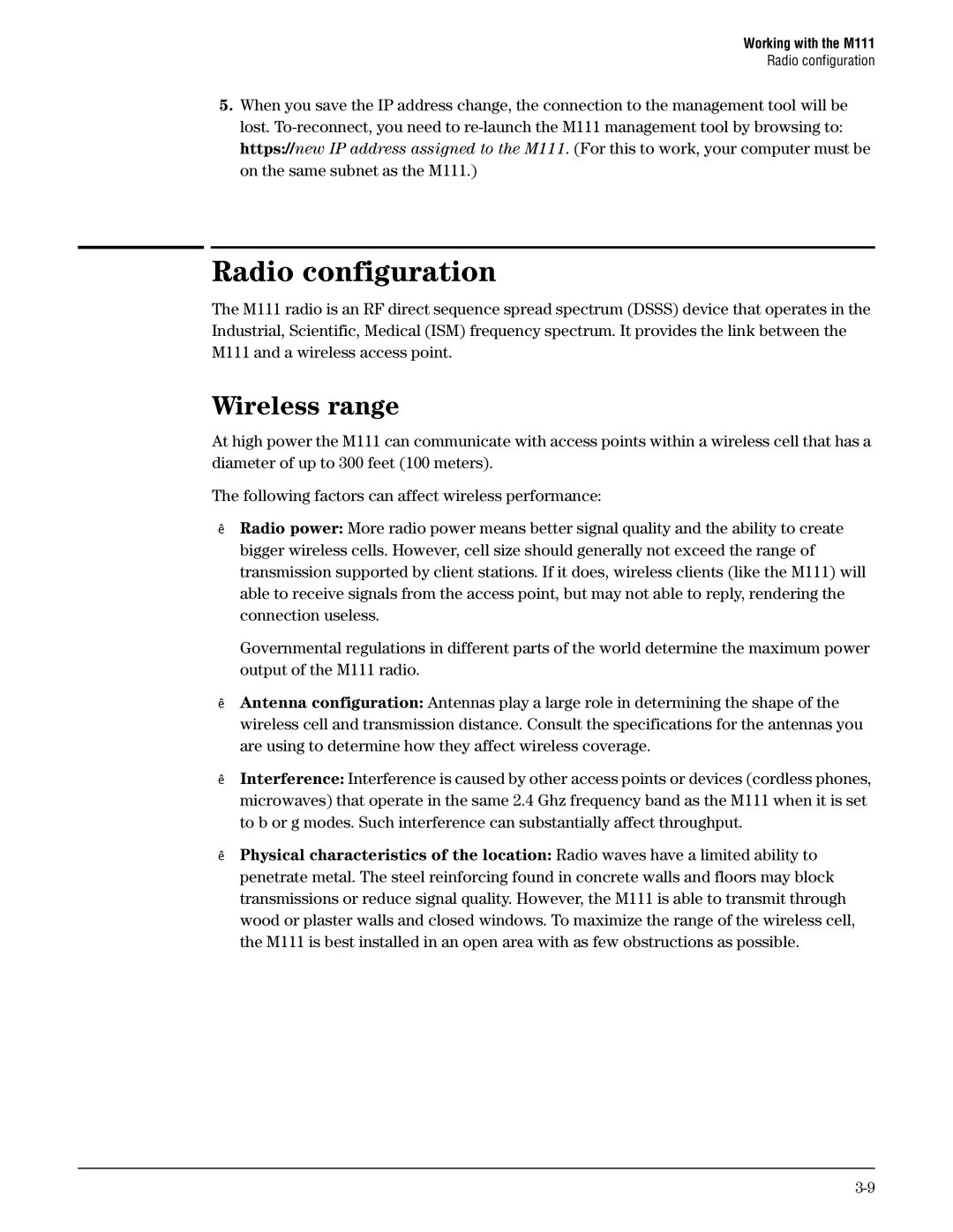 HP Client Bridge M111 manual Radio configuration, Wireless range 