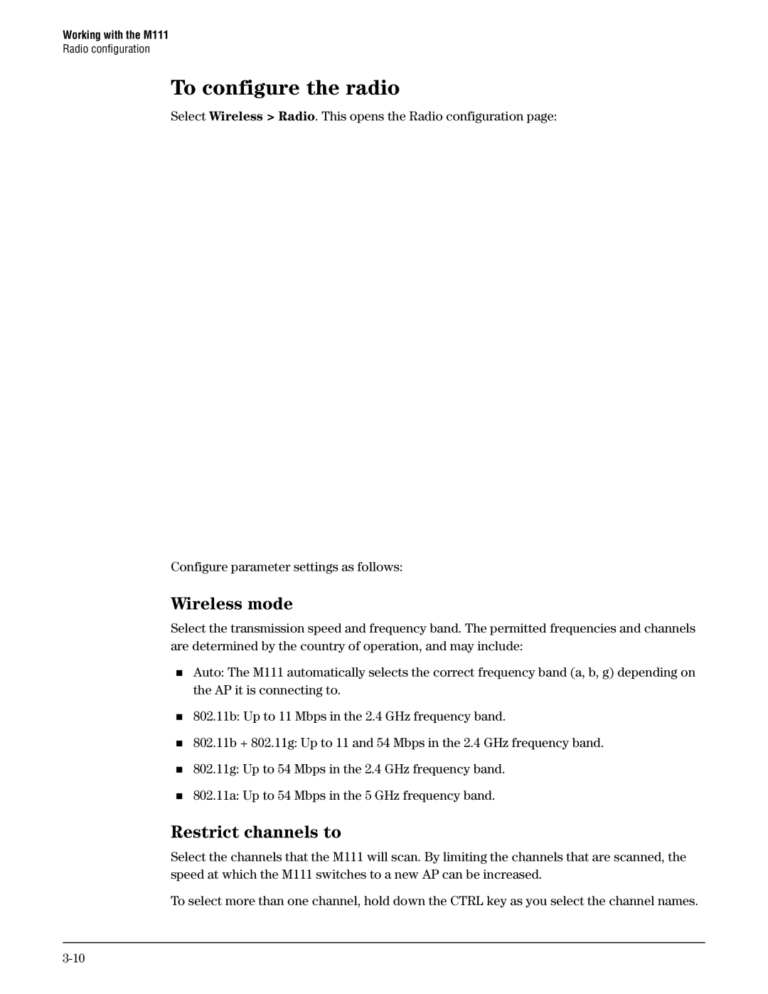 HP Client Bridge M111 manual To configure the radio, Wireless mode, Restrict channels to 