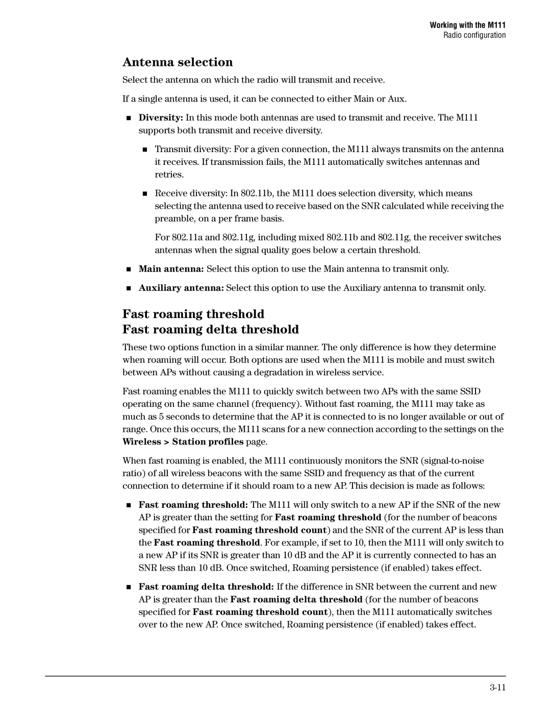 HP Client Bridge M111 manual Antenna selection, Fast roaming threshold Fast roaming delta threshold 