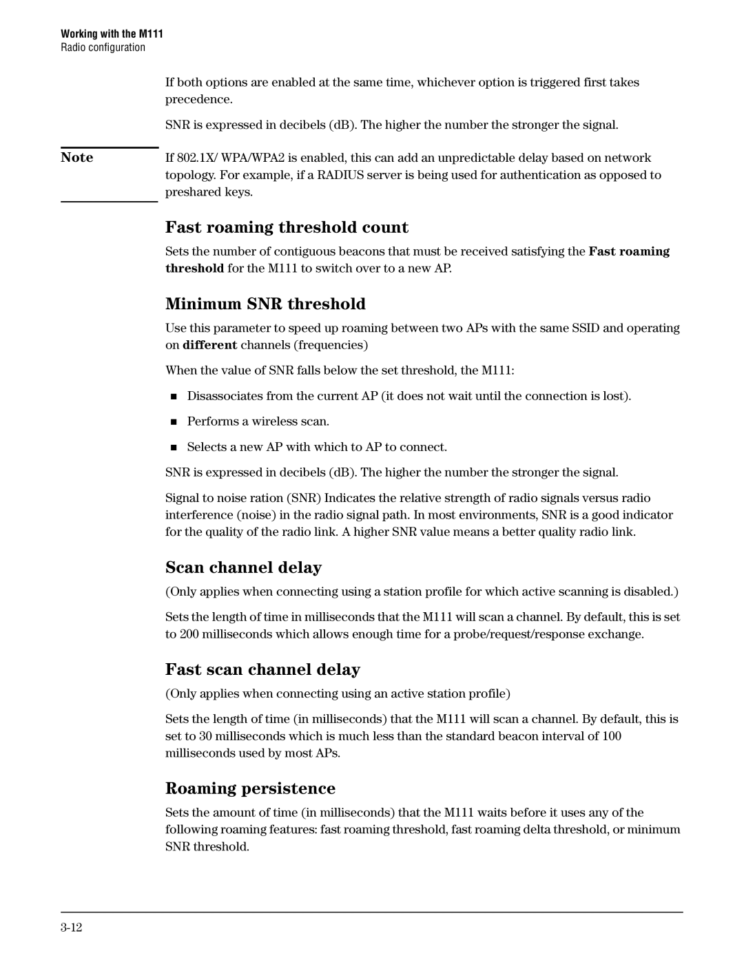 HP Client Bridge M111 Fast roaming threshold count, Minimum SNR threshold, Scan channel delay, Fast scan channel delay 