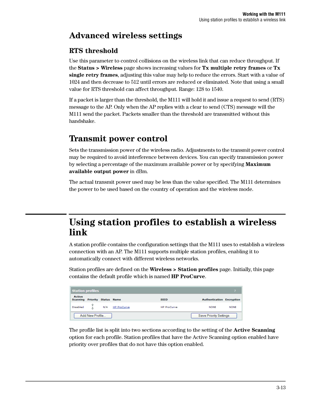 HP Client Bridge M111 manual Using station profiles to establish a wireless link, Advanced wireless settings, RTS threshold 