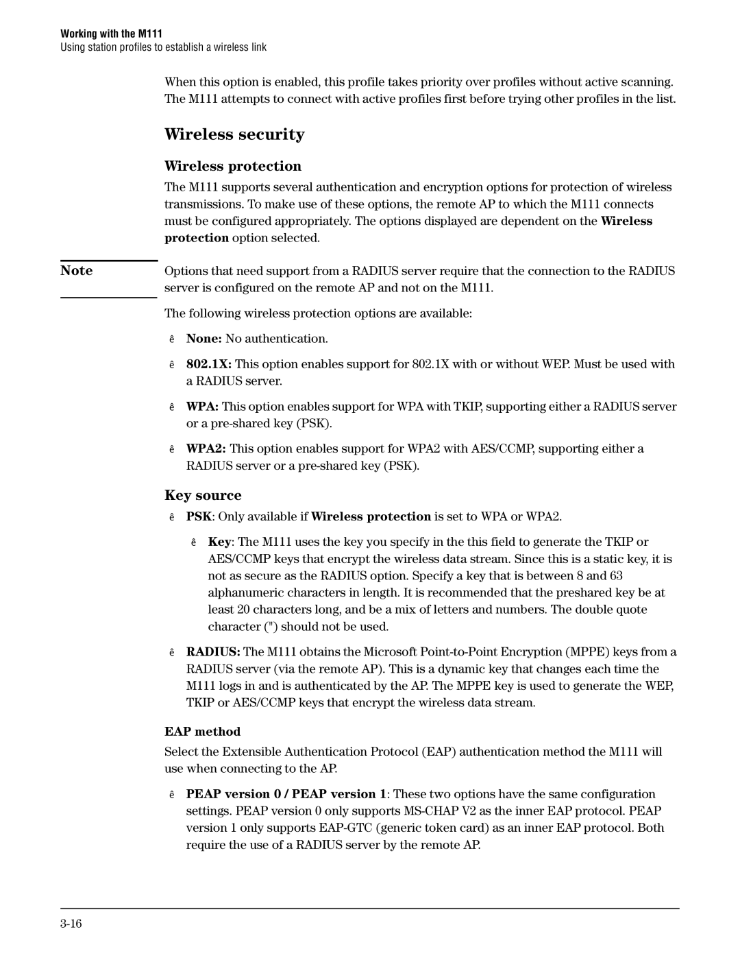 HP Client Bridge M111 manual Wireless security, Wireless protection, Key source, EAP method 