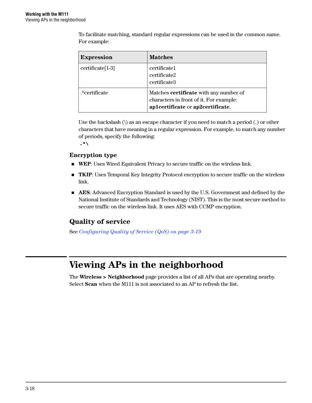 HP Client Bridge M111 manual Viewing APs in the neighborhood, Quality of service, Encryption type 