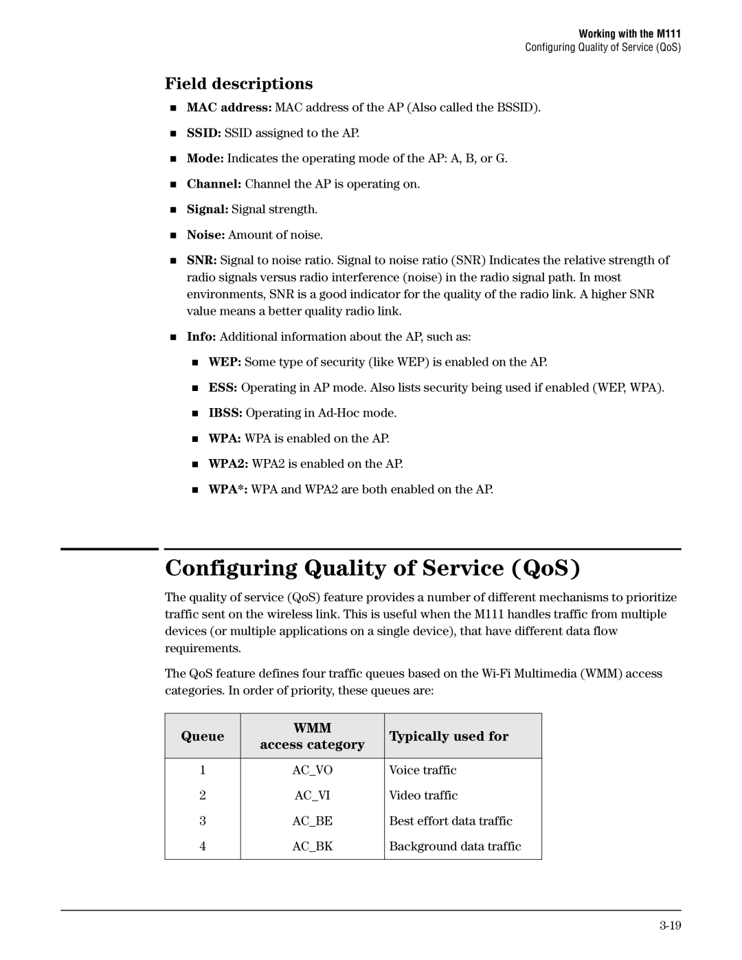 HP Client Bridge M111 manual Configuring Quality of Service QoS, Field descriptions, Access category 