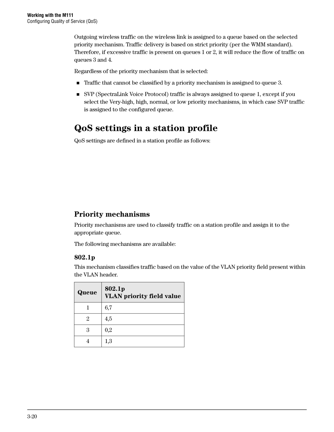 HP Client Bridge M111 manual QoS settings in a station profile, Priority mechanisms, 802.1p 