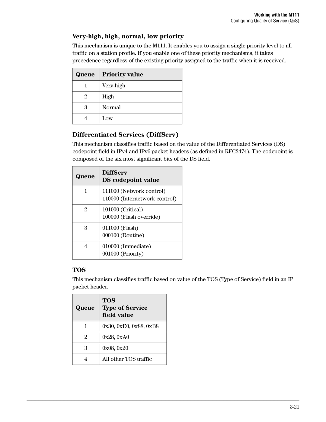 HP Client Bridge M111 manual Very-high, high, normal, low priority, Differentiated Services DiffServ 