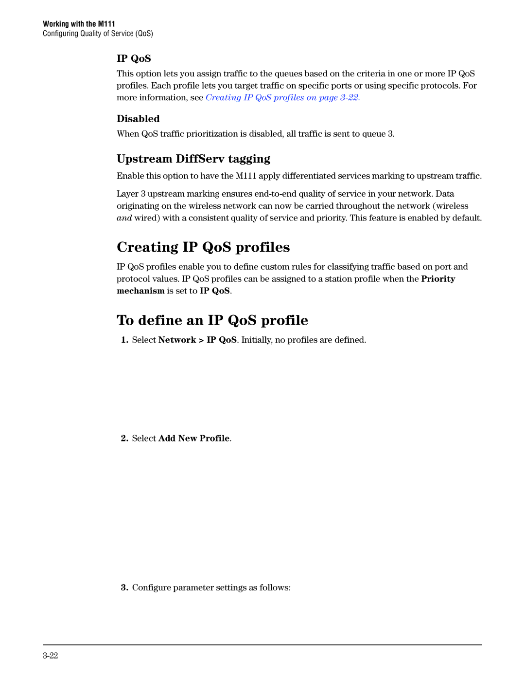 HP Client Bridge M111 manual Creating IP QoS profiles, To define an IP QoS profile, Upstream DiffServ tagging, Disabled 