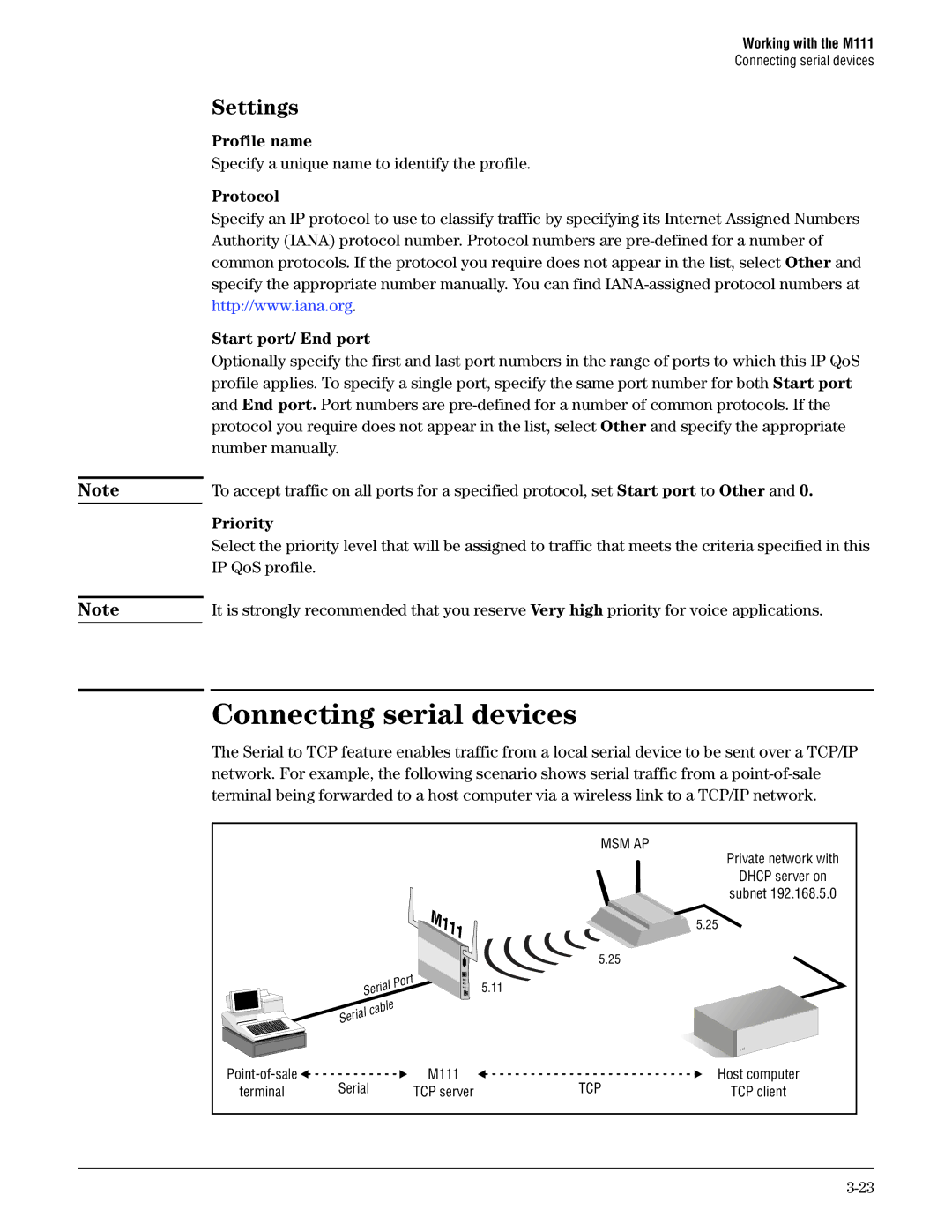 HP Client Bridge M111 manual Connecting serial devices, Settings, Profile name, Protocol Start port/ End port, Priority 