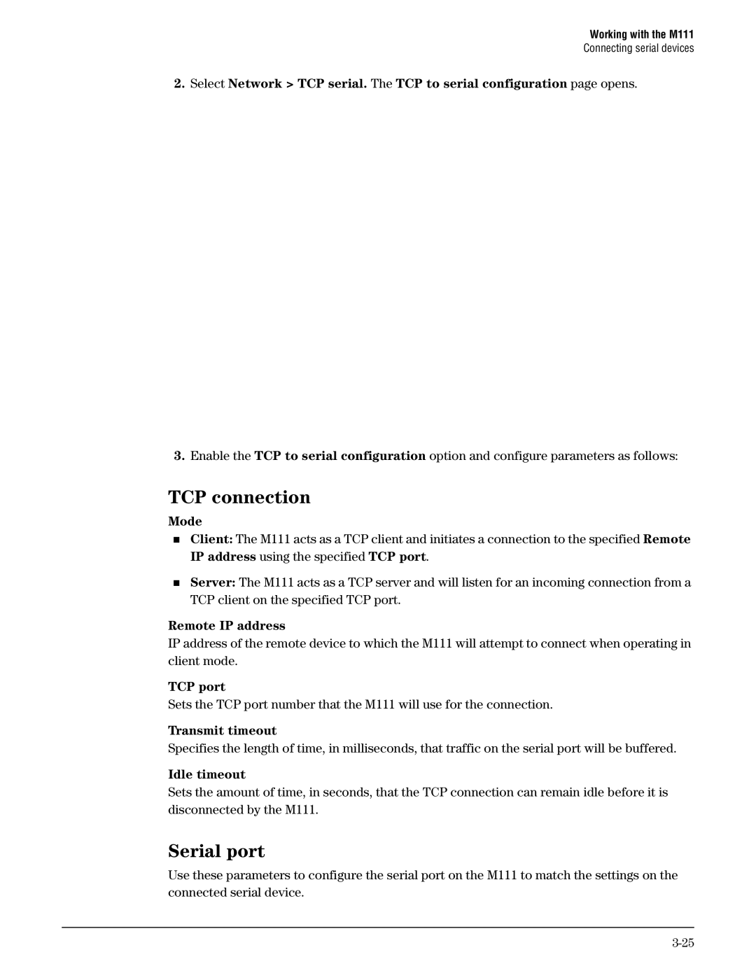 HP Client Bridge M111 manual Mode, Remote IP address, TCP port, Transmit timeout, Idle timeout 