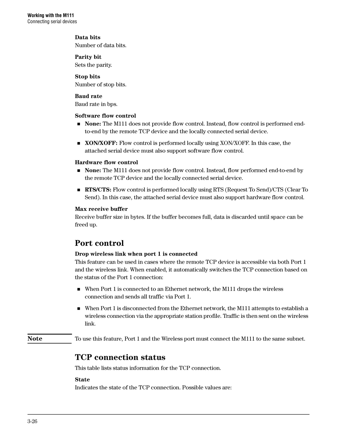 HP Client Bridge M111 Data bits, Parity bit, Stop bits, Baud rate, Software flow control, Hardware flow control, State 