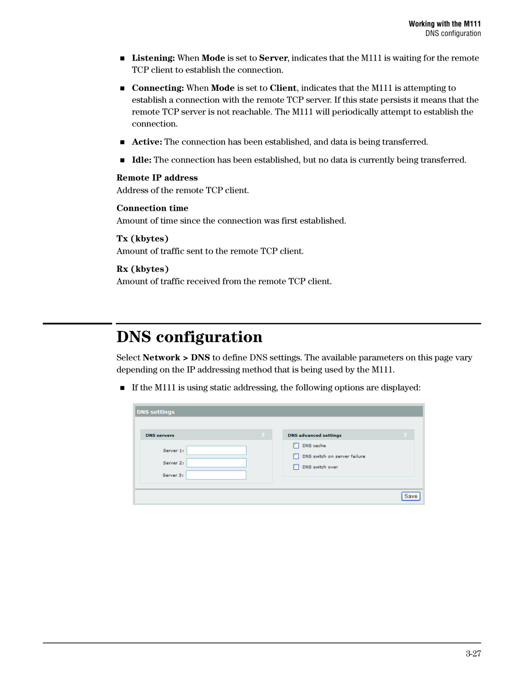 HP Client Bridge M111 manual DNS configuration, Connection time, Tx kbytes, Rx kbytes 