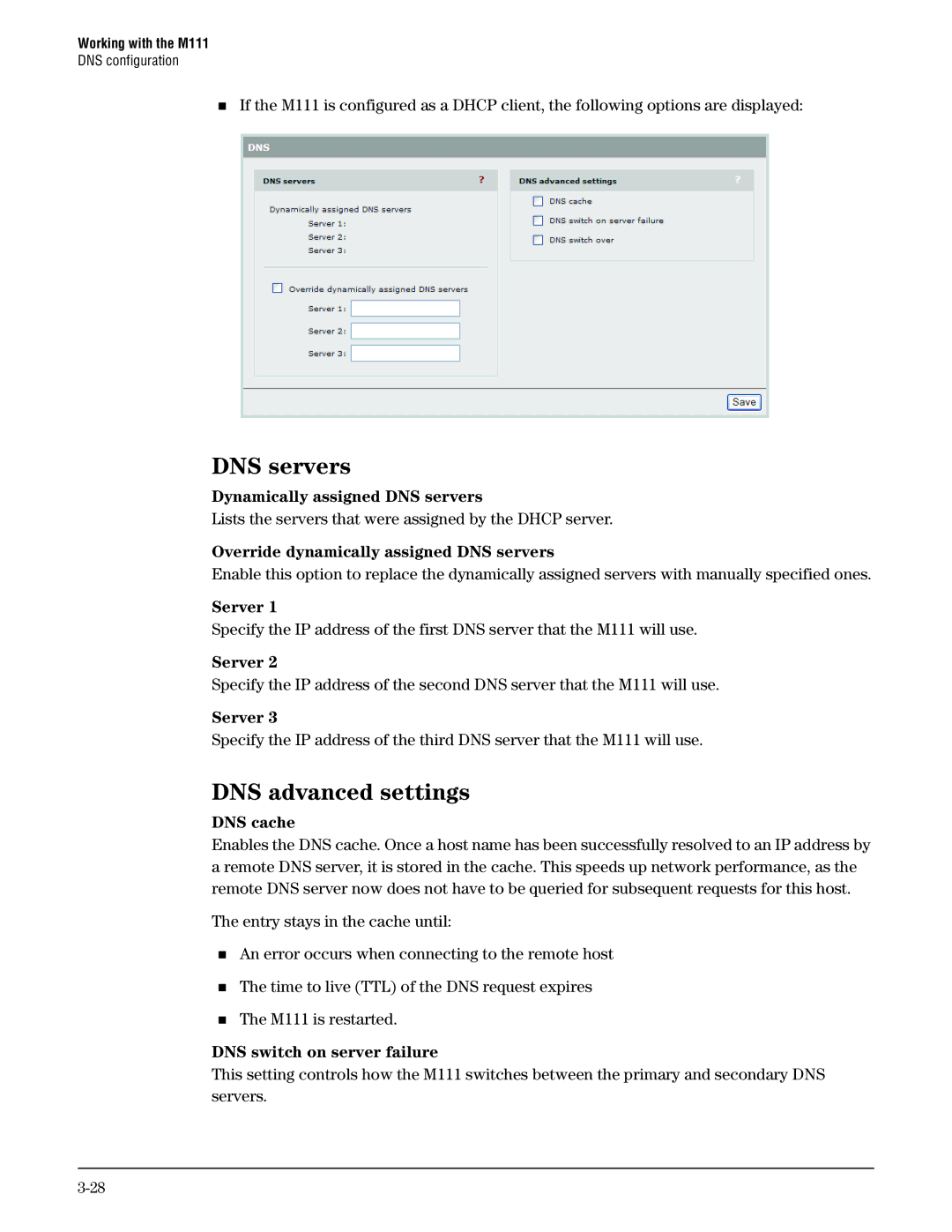 HP Client Bridge M111 manual Dynamically assigned DNS servers, Override dynamically assigned DNS servers, Server, DNS cache 