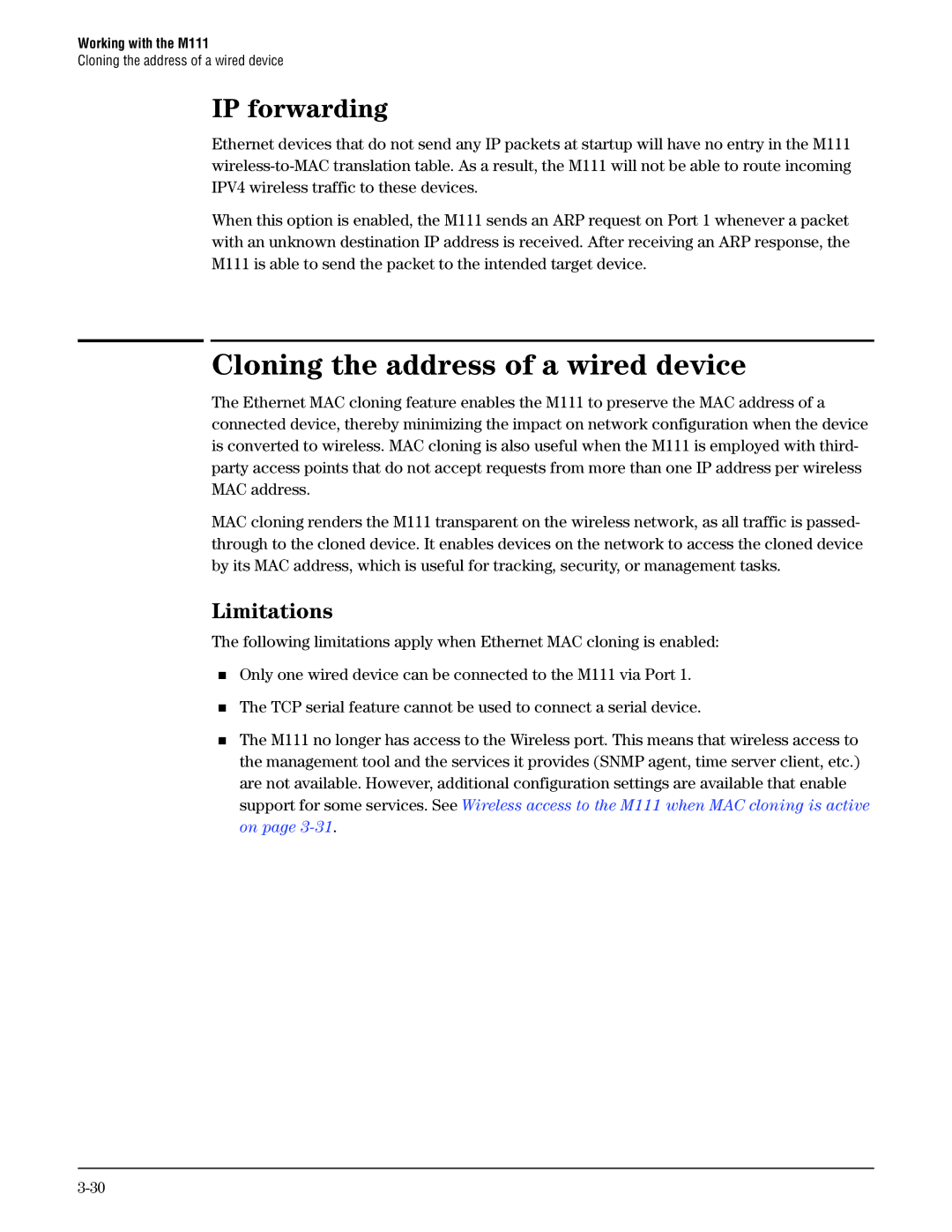 HP Client Bridge M111 manual Cloning the address of a wired device, IP forwarding, Limitations 