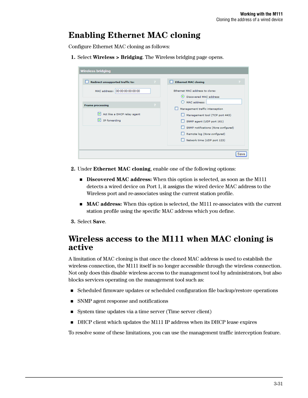 HP Client Bridge M111 manual Enabling Ethernet MAC cloning, Wireless access to the M111 when MAC cloning is active 