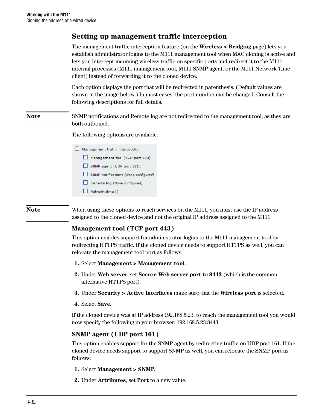 HP Client Bridge M111 manual Setting up management traffic interception, Management tool TCP port, Snmp agent UDP port 