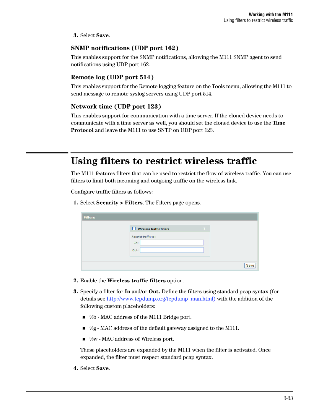 HP Client Bridge M111 manual Using filters to restrict wireless traffic, Snmp notifications UDP port, Remote log UDP port 