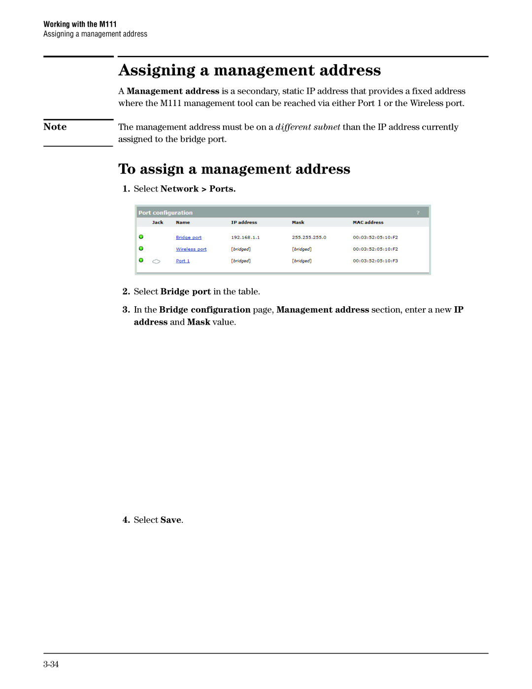 HP Client Bridge M111 manual Assigning a management address, To assign a management address 