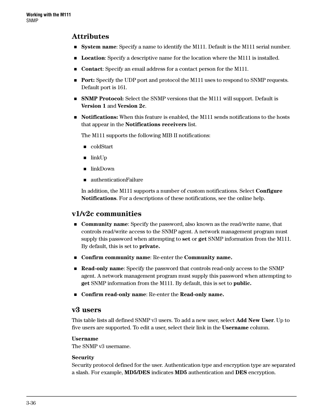 HP Client Bridge M111 manual Attributes, V1/v2c communities, V3 users 