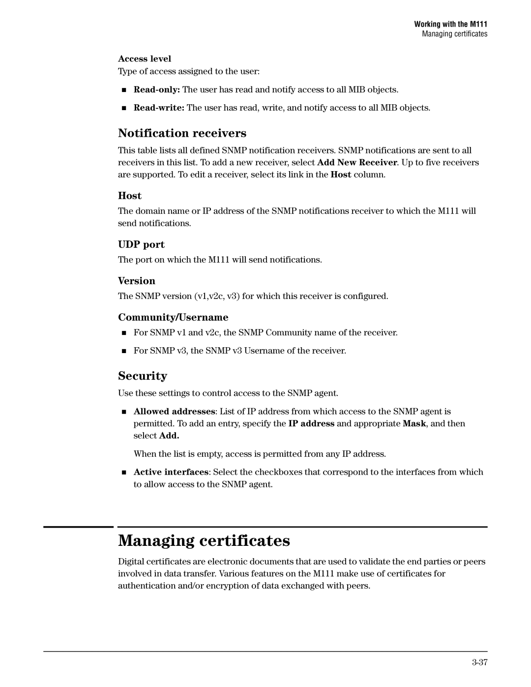 HP Client Bridge M111 manual Managing certificates, Notification receivers 