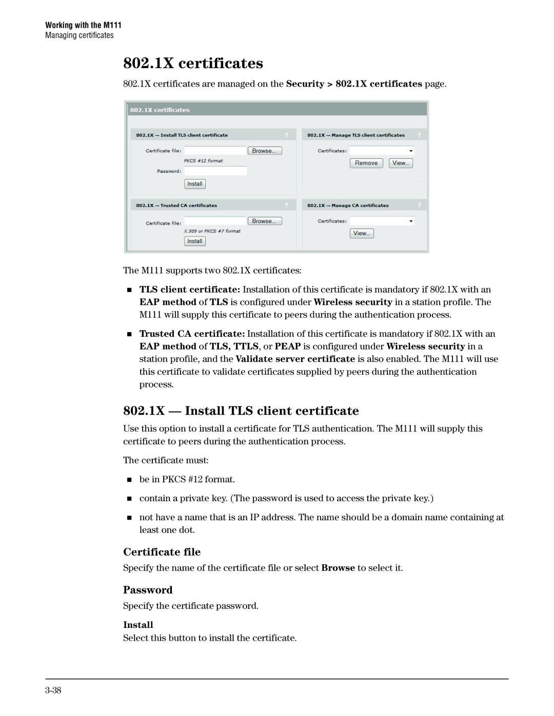 HP Client Bridge M111 manual 802.1X certificates, 802.1X Install TLS client certificate, Certificate file, Password 