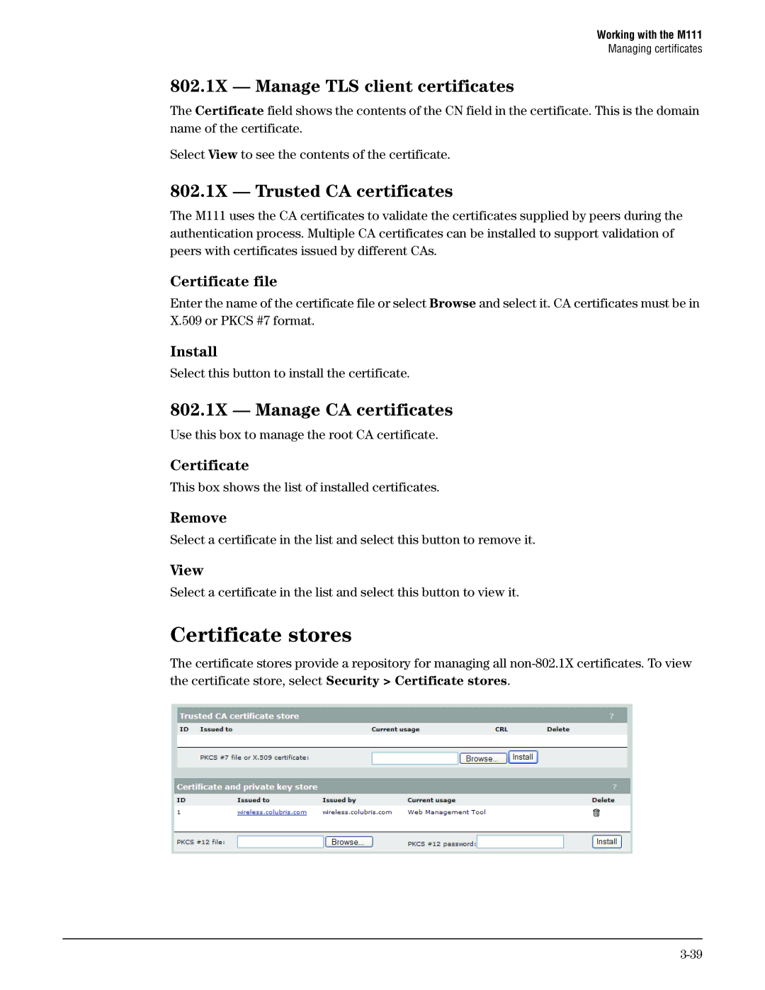 HP Client Bridge M111 manual Certificate stores, 802.1X Manage TLS client certificates, 802.1X Trusted CA certificates 