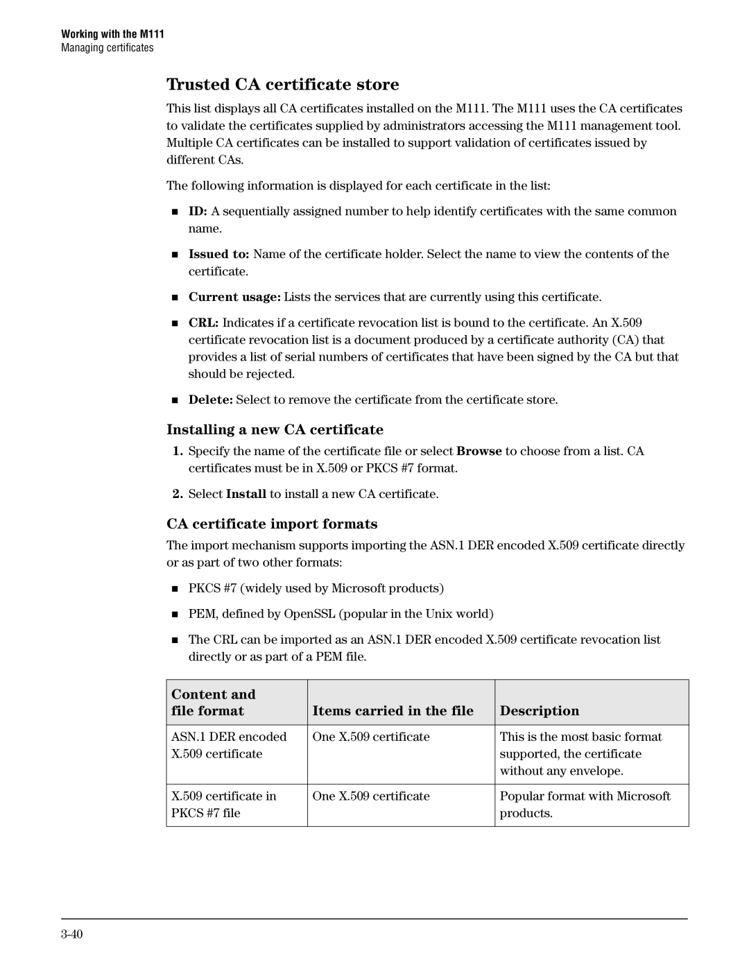 HP Client Bridge M111 manual Trusted CA certificate store, Installing a new CA certificate, CA certificate import formats 