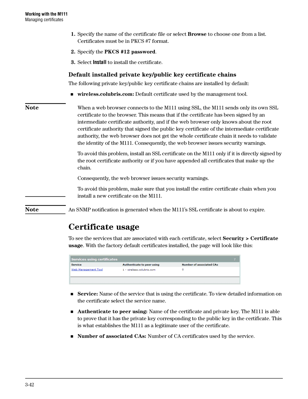 HP Client Bridge M111 manual Certificate usage, Default installed private key/public key certificate chains 