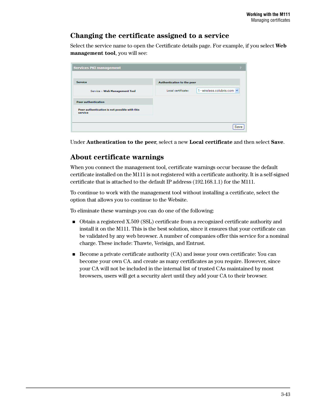 HP Client Bridge M111 manual Changing the certificate assigned to a service, About certificate warnings 