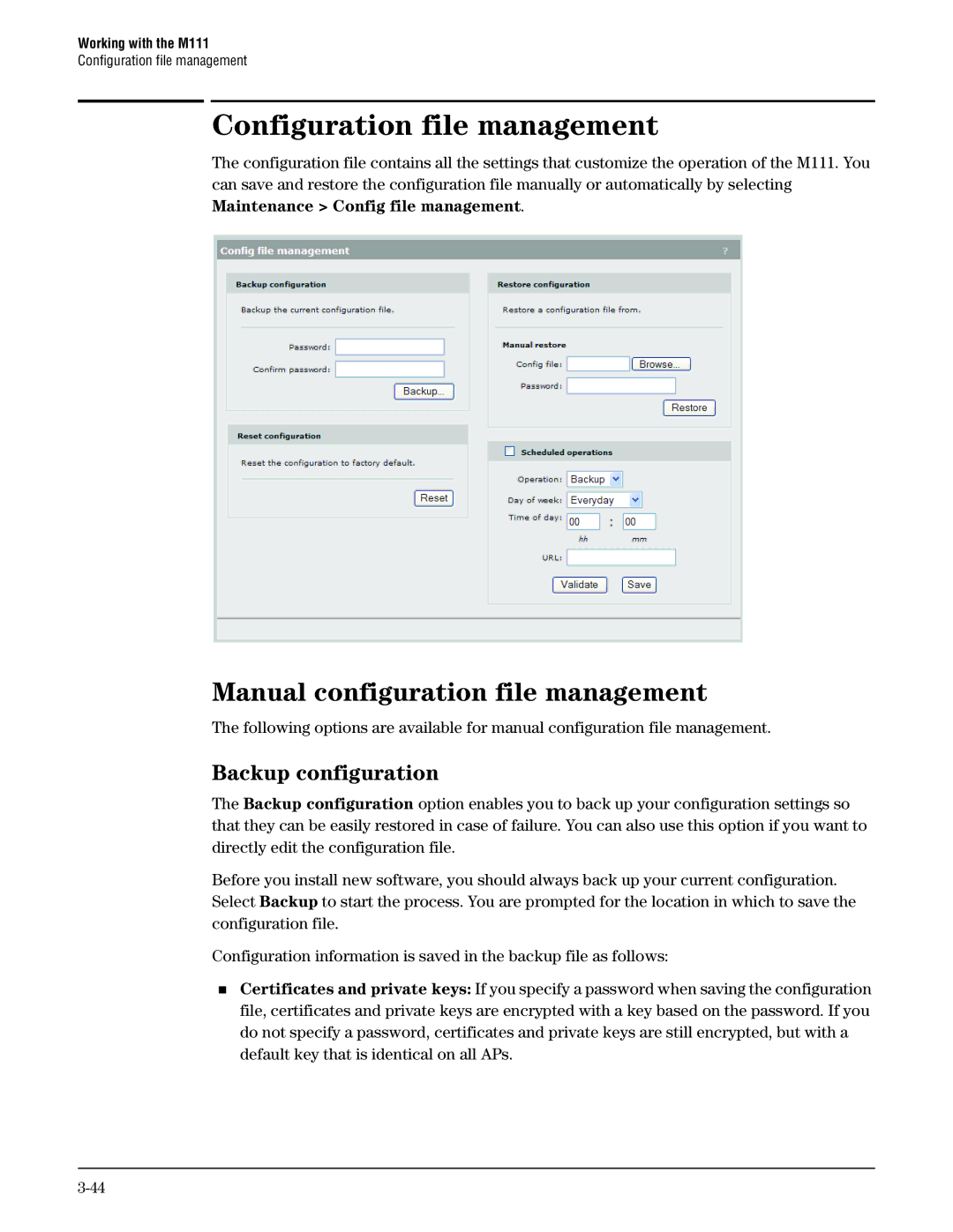 HP Client Bridge M111 manual Configuration file management, Manual configuration file management, Backup configuration 