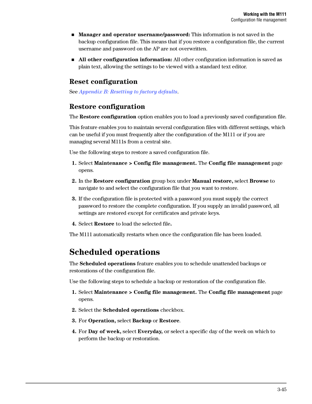 HP Client Bridge M111 manual Scheduled operations, Reset configuration, Restore configuration 