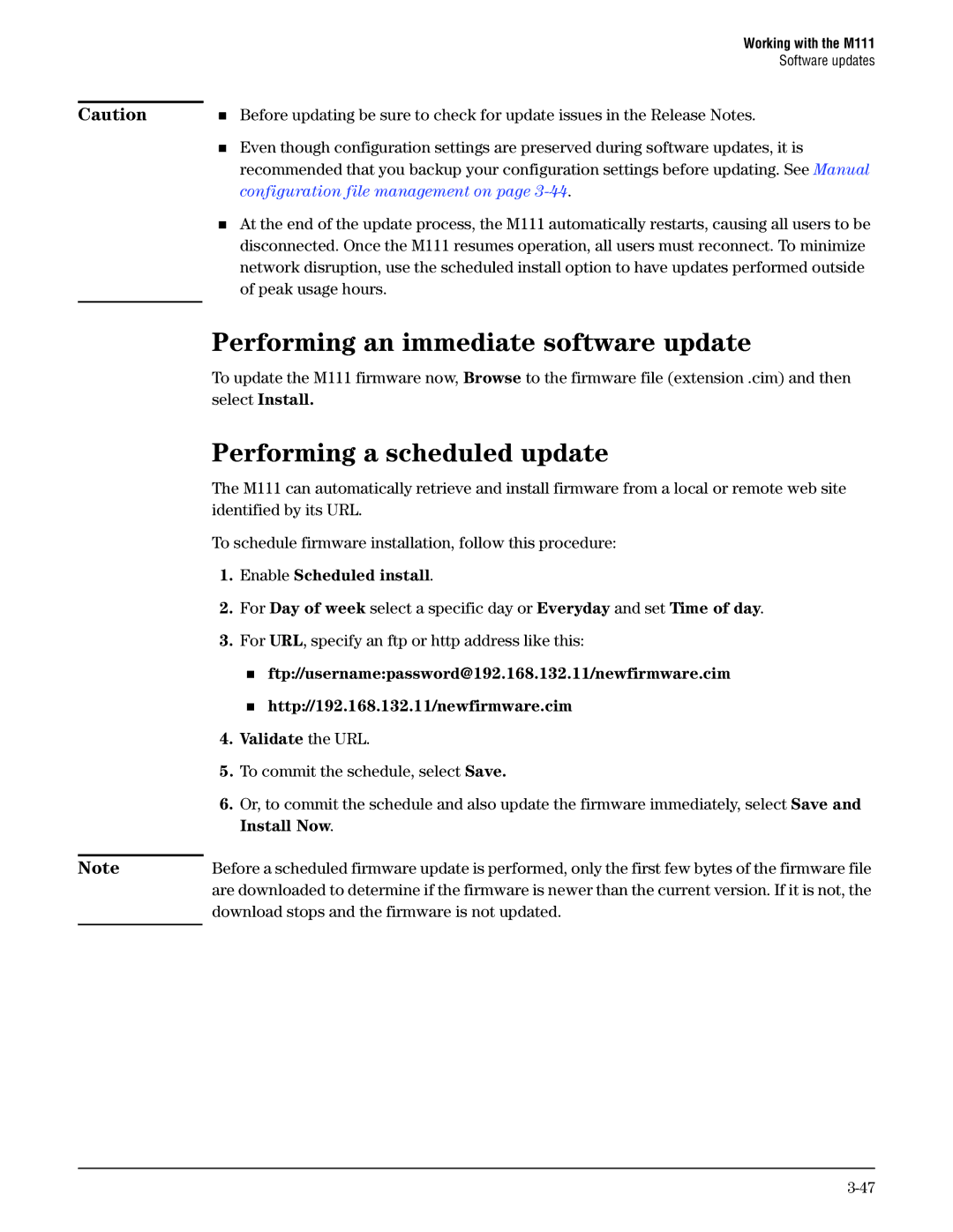 HP Client Bridge M111 manual Performing an immediate software update, Performing a scheduled update, Select Install 