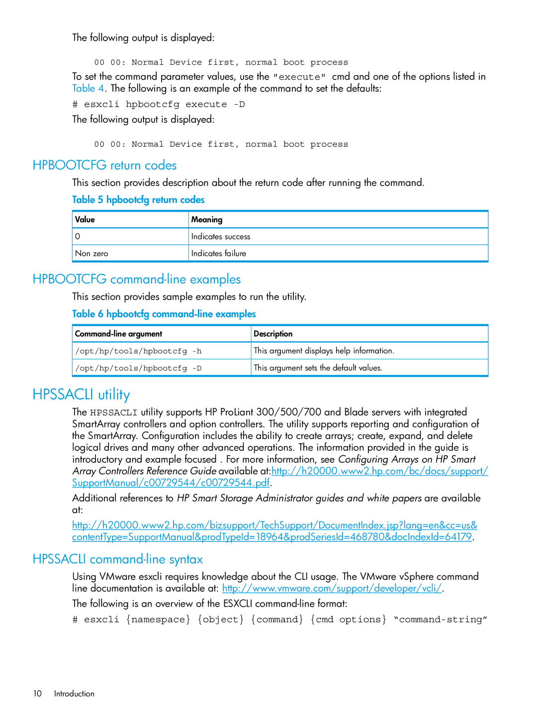 HP Client Virtualization with VMware View and VMware ThinApp manual Hpssacli utility, Hpbootcfg return codes 