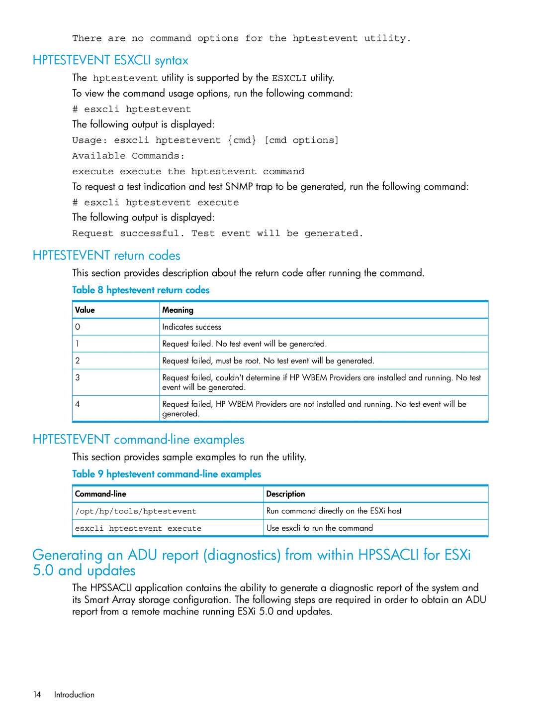 HP Client Virtualization with VMware View and VMware ThinApp manual Hptestevent Esxcli syntax, Hptestevent return codes 