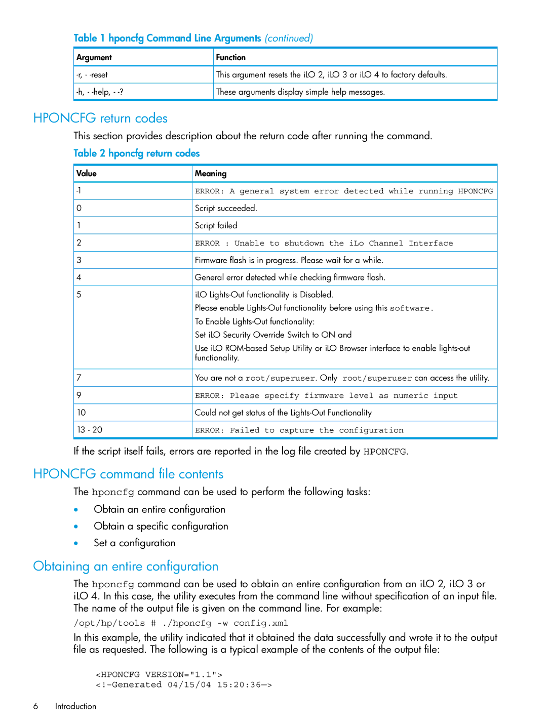 HP Client Virtualization with VMware View and VMware ThinApp manual Hponcfg return codes, Hponcfg command file contents 