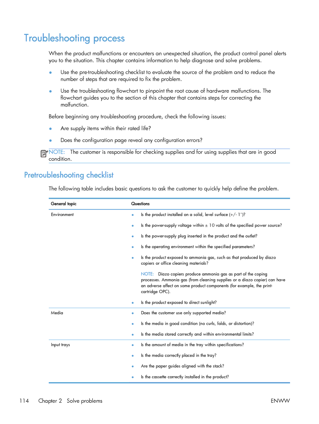 HP M475 CE863A manual Troubleshooting process, Pretroubleshooting checklist, General topic Questions 