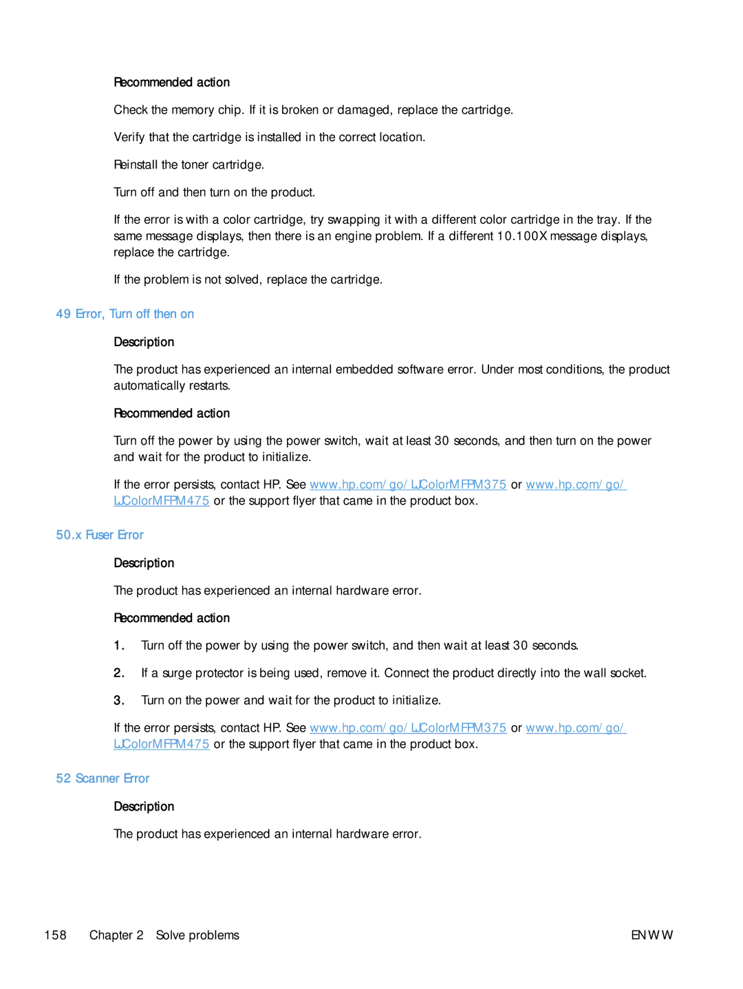 HP M475 CE863A, CLJ M375NW PRO 300 CE903A#BGJ manual Error, Turn off then on, Fuser Error, Scanner Error 