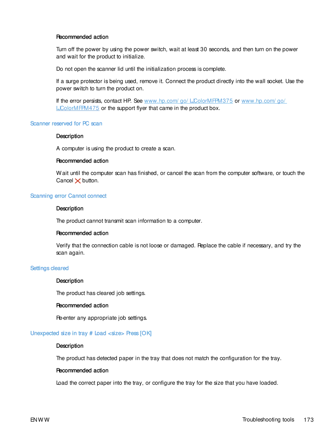 HP CLJ M375NW PRO 300 CE903A#BGJ manual Scanner reserved for PC scan, Scanning error Cannot connect, Settings cleared 