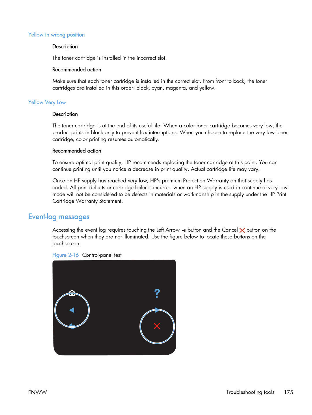 HP CLJ M375NW PRO 300 CE903A#BGJ, M475 CE863A manual Event-log messages, Yellow in wrong position, Yellow Very Low 
