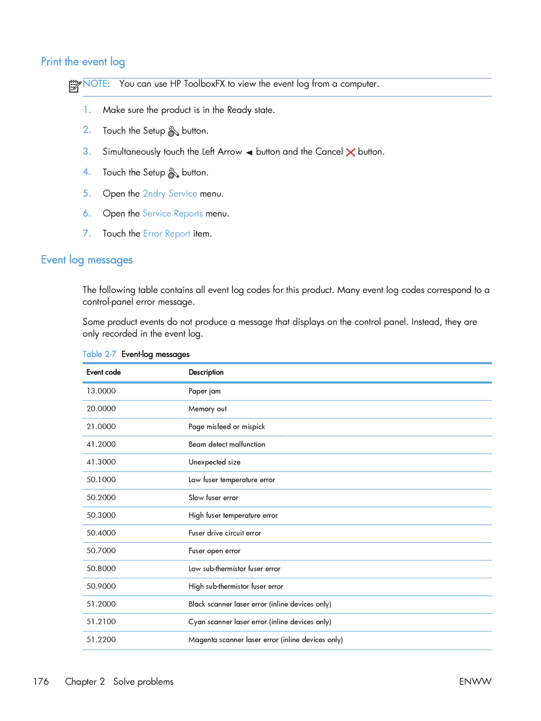 HP M475 CE863A, CLJ M375NW PRO 300 CE903A#BGJ manual Print the event log, Event log messages, Event-log messages 